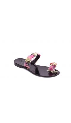 Sandalo camoscio e piume rosa giallo ditone multicolor