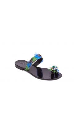 Sandalo camoscio e piume blu verde ditone multicolor